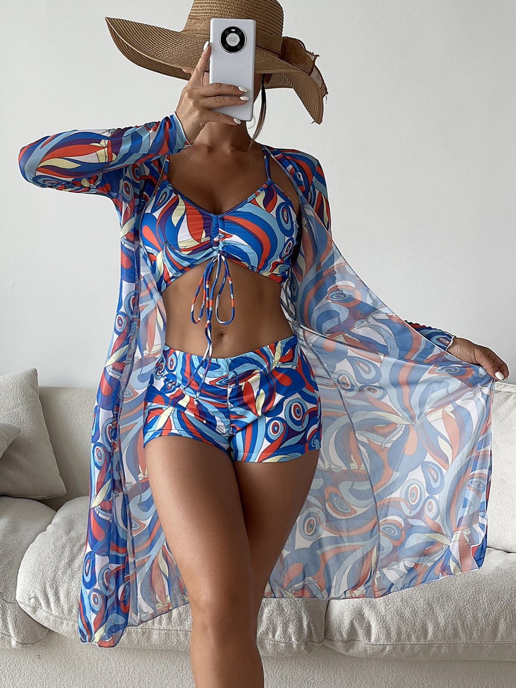 Chic 3-Piece Bikini Set with Stylish Long Sleeve Cardigan Cover-Up