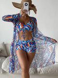 Chic 3-Piece Bikini Set with Stylish Long Sleeve Cardigan Cover-Up
