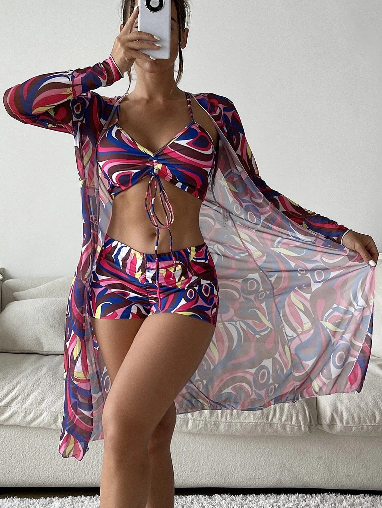 Chic 3-Piece Bikini Set with Stylish Long Sleeve Cardigan Cover-Up