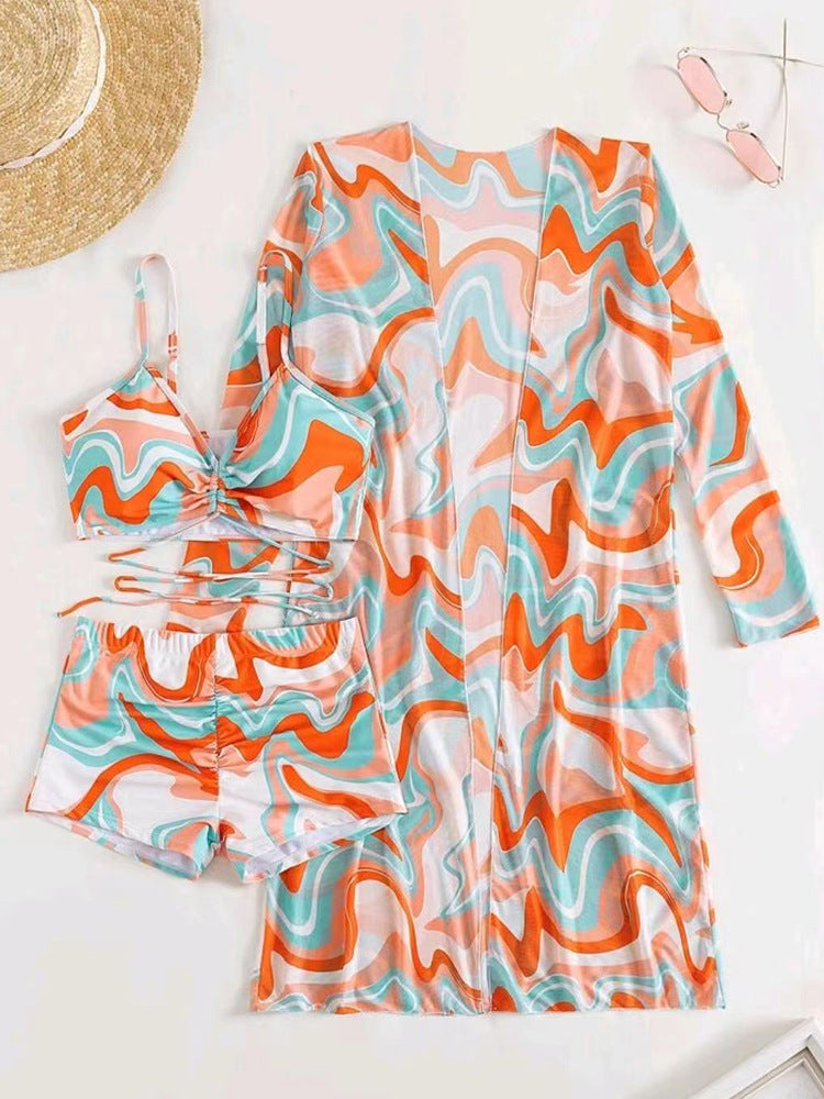 Chic 3-Piece Bikini Set with Stylish Long Sleeve Cardigan Cover-Up