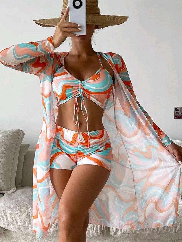 Chic 3-Piece Bikini Set with Stylish Long Sleeve Cardigan Cover-Up