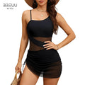 BBEUU Women'S Sexy One-Piece Swim Dress Ruched Slim Fit High-Waisted Tummy Control Mesh Detail Black/Red/Green S M L XL 2XL